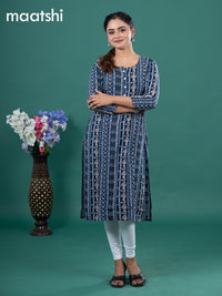 Cotton readymade kurti navy blue and off white with allover prints & simple neck pattern without pant