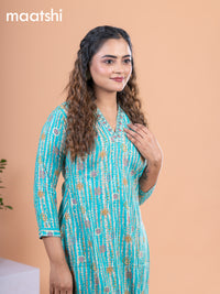 Cotton readymade kurti teal blue and beige with allover prints & embroidery mirror work neck v pattern without pant