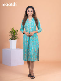 Cotton readymade kurti teal blue and beige with allover prints & embroidery mirror work neck v pattern without pant