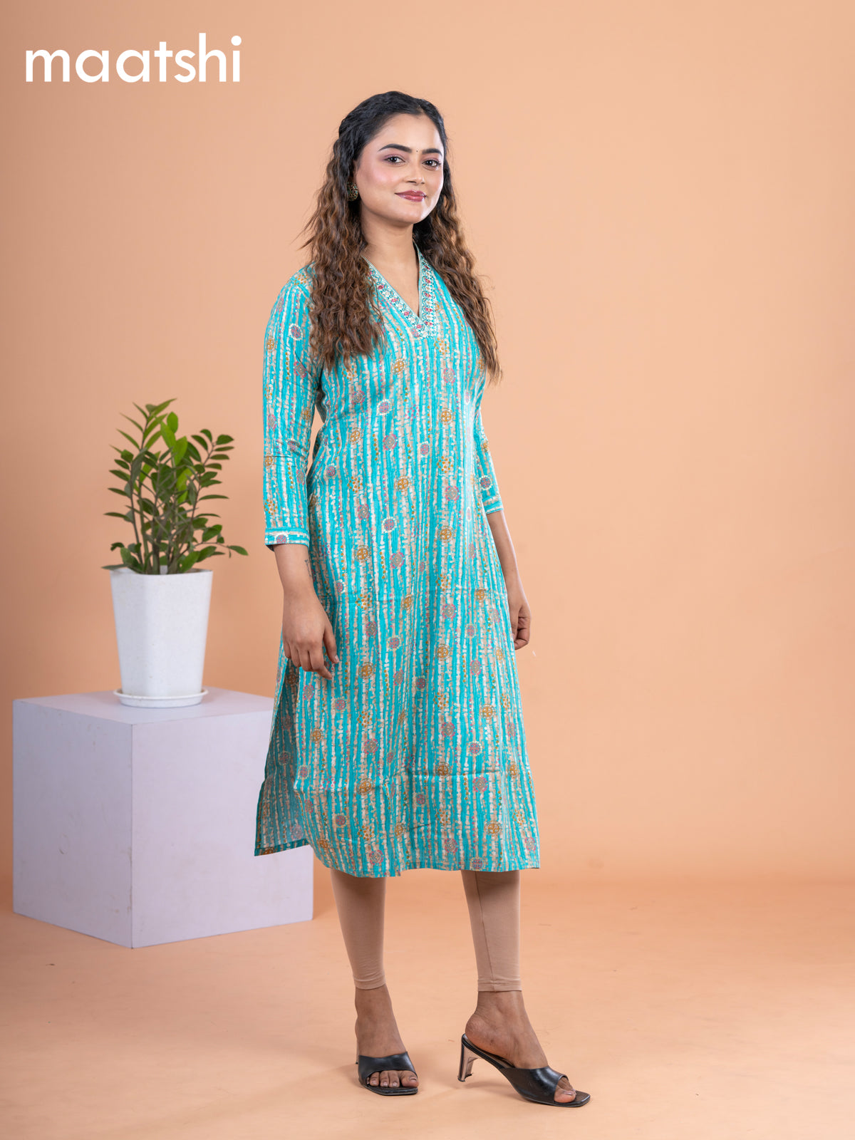 Cotton readymade kurti teal blue and beige with allover prints & embroidery mirror work neck v pattern without pant