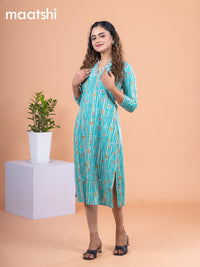 Cotton readymade kurti teal blue and beige with allover prints & embroidery mirror work neck v pattern without pant