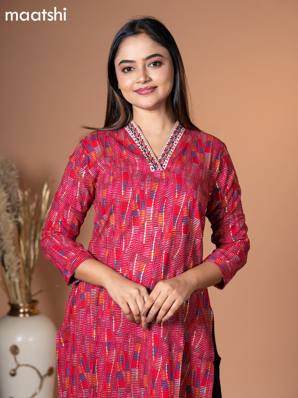 Rayon kurti pink and multi colour with allover prints & embroidery mirror work neck v pattern without pant