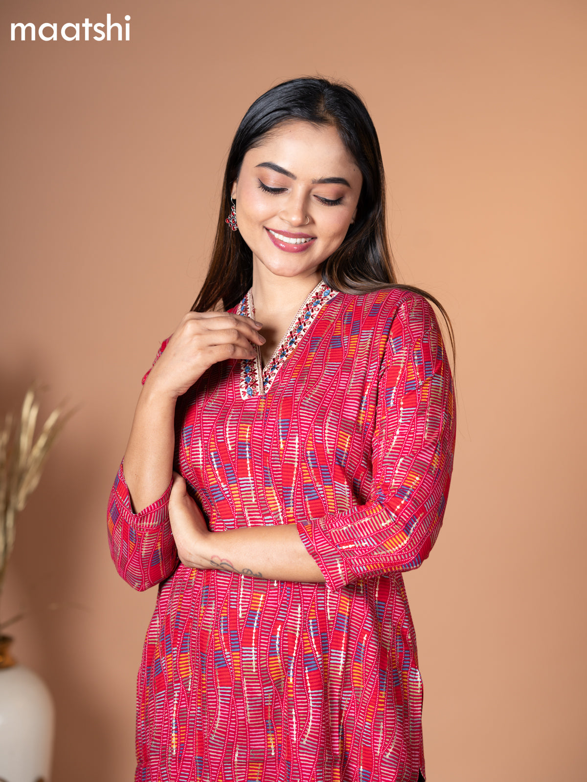 Rayon kurti pink and multi colour with allover prints & embroidery mirror work neck v pattern without pant