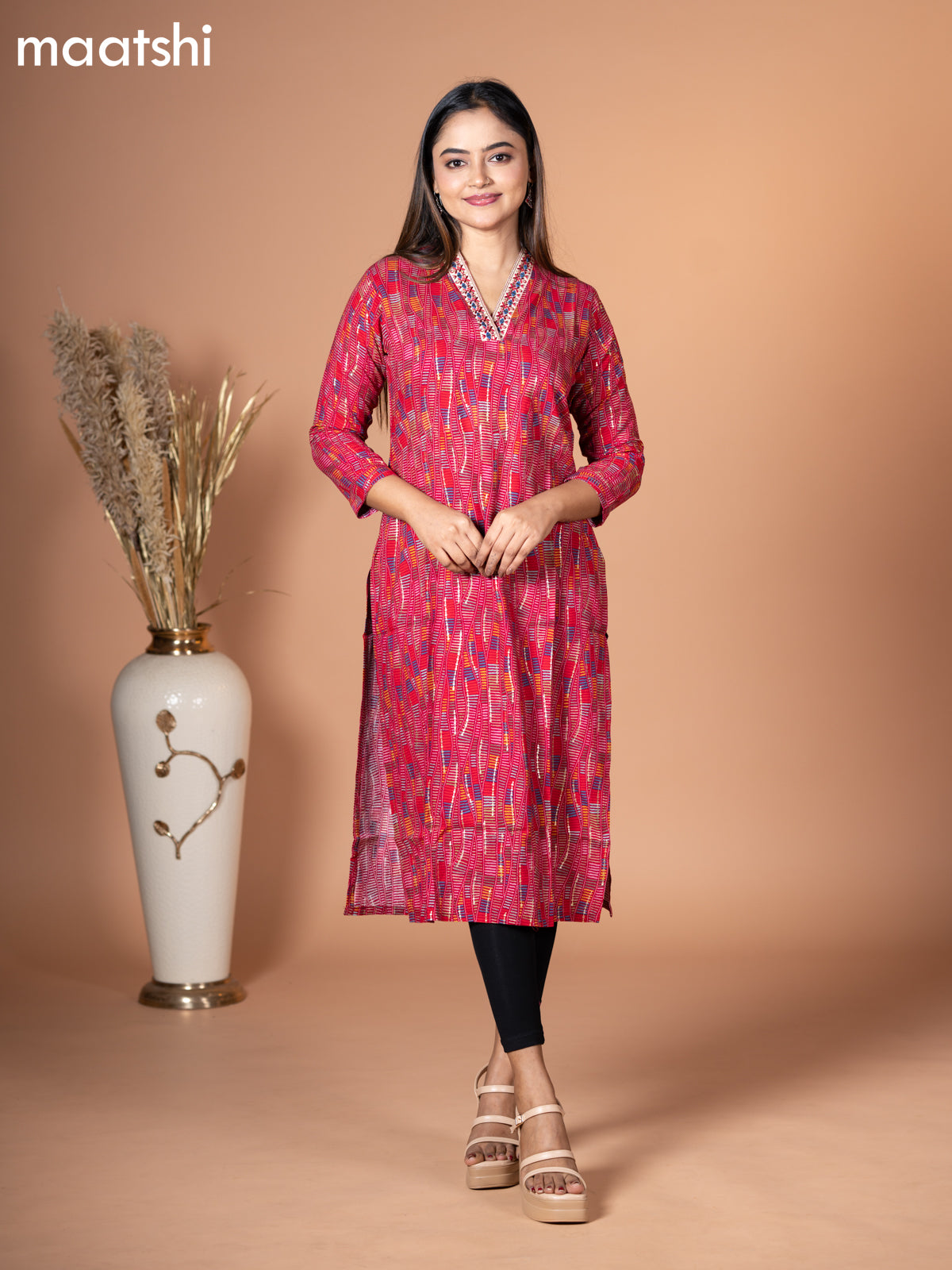 Rayon kurti pink and multi colour with allover prints & embroidery mirror work neck v pattern without pant