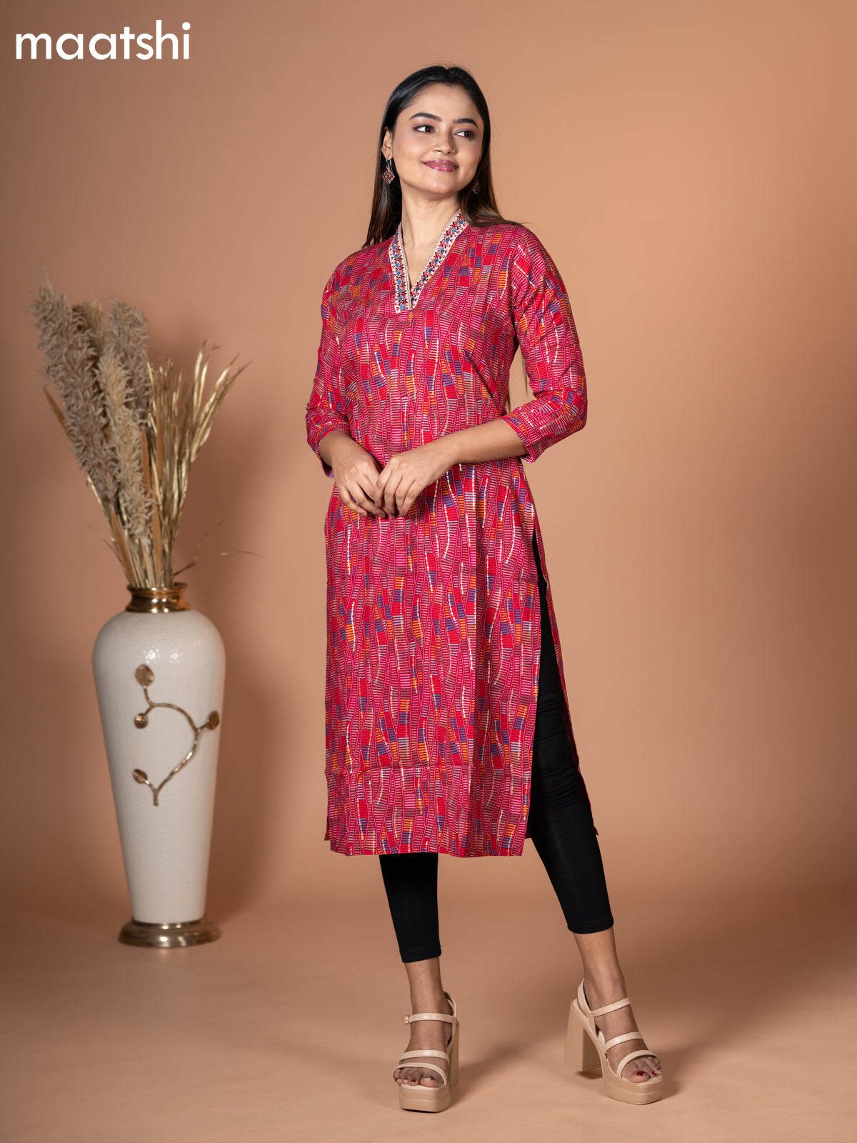 Rayon kurti pink and multi colour with allover prints & embroidery mirror work neck v pattern without pant