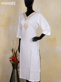 Cotton readymade kurti off white with allover thread butta & embroidery mirror work v neck pattern without pant