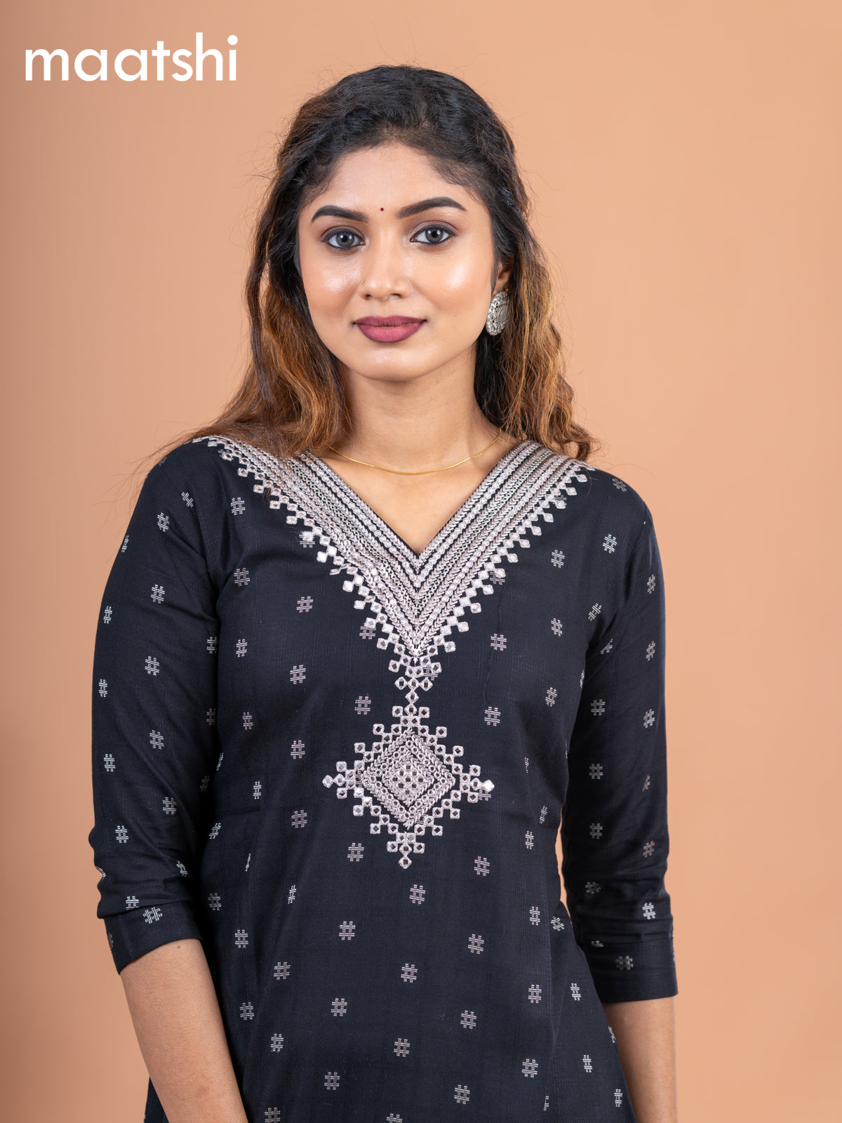 Cotton readymade kurti black with allover thread butta & embroidery mirror work v neck pattern without pant