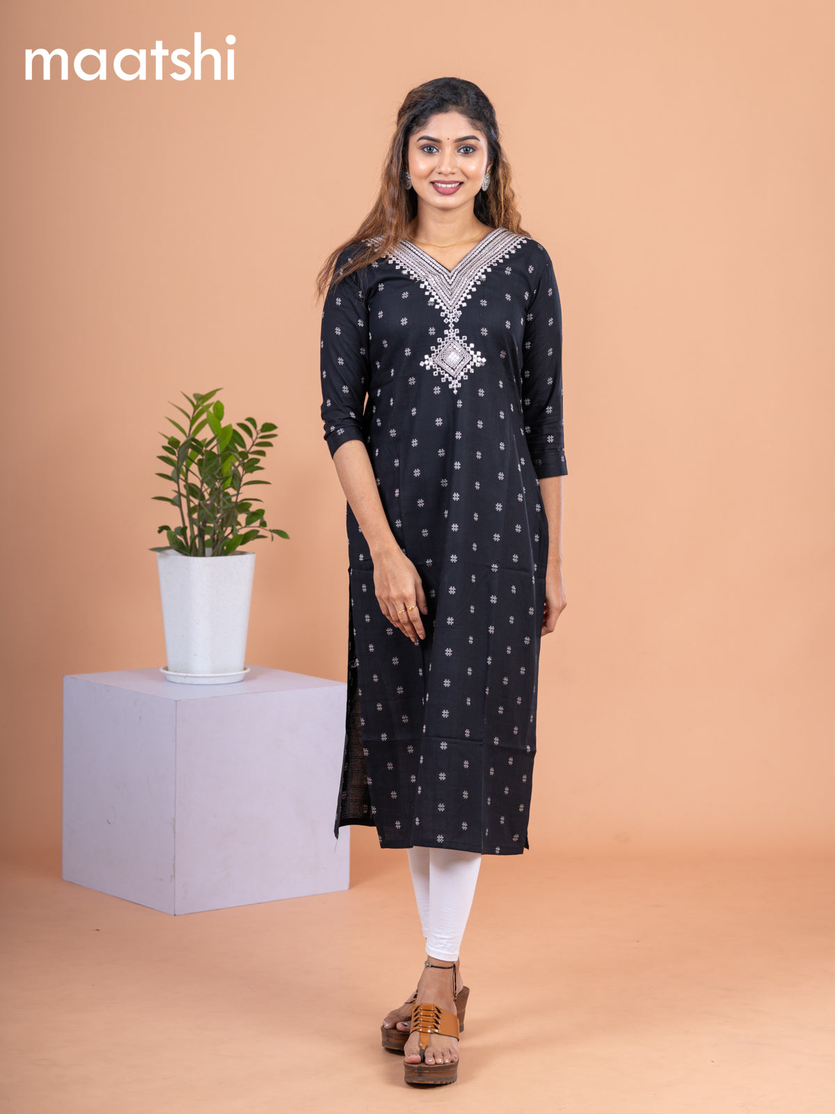 Cotton readymade kurti black with allover thread butta & embroidery mirror work v neck pattern without pant