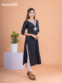 Cotton readymade kurti black with allover thread butta & embroidery mirror work v neck pattern without pant