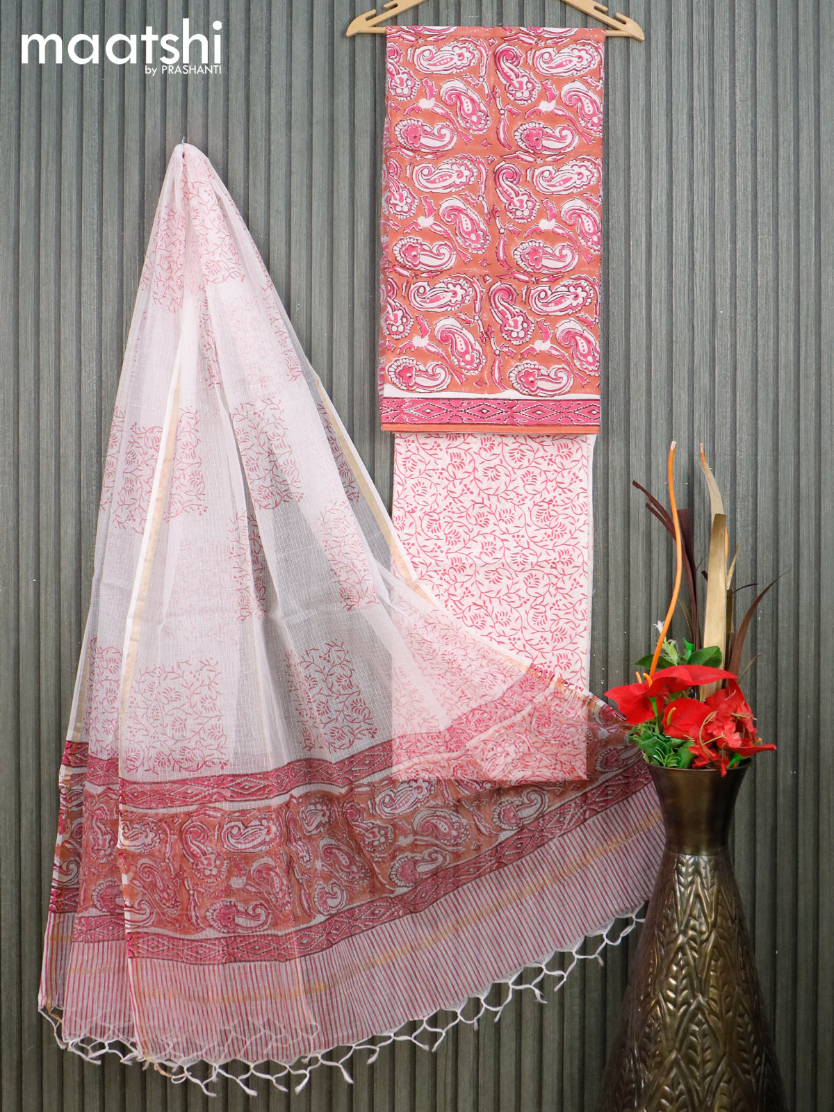 Mul Mul cotton dress material peach orange and off white pink with allover prints and bottom & kota printed dupatta