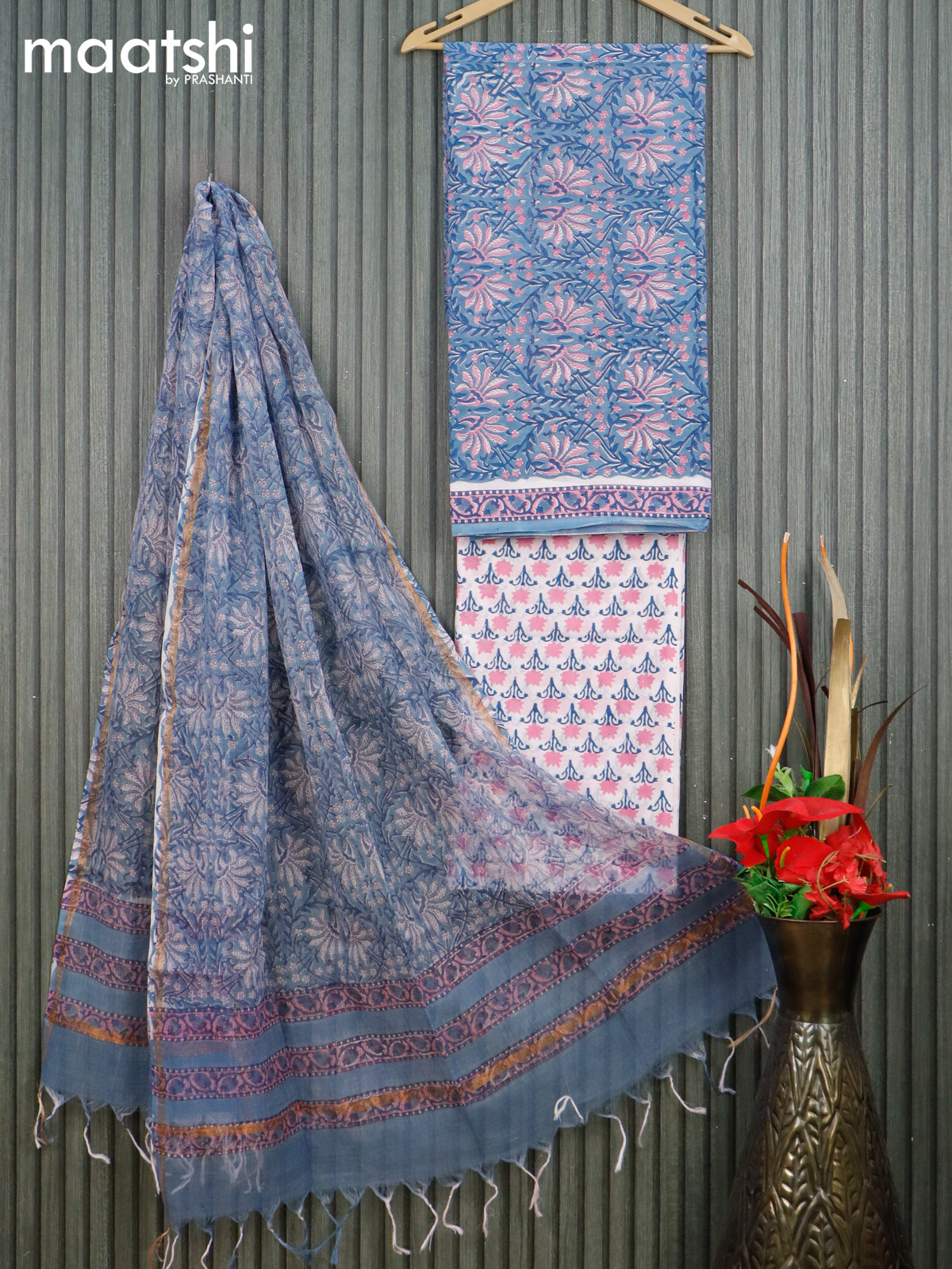 Mul Mul cotton dress material blue shade and off white pink with allover floral prints and bottom & kota printed dupatta