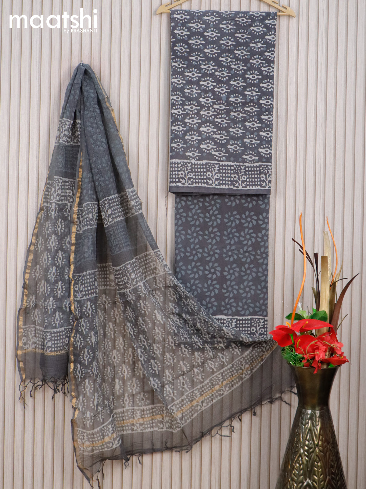 Mul Mul cotton dress material dark grey with allover butta prints and bottom & kota printed dupatta