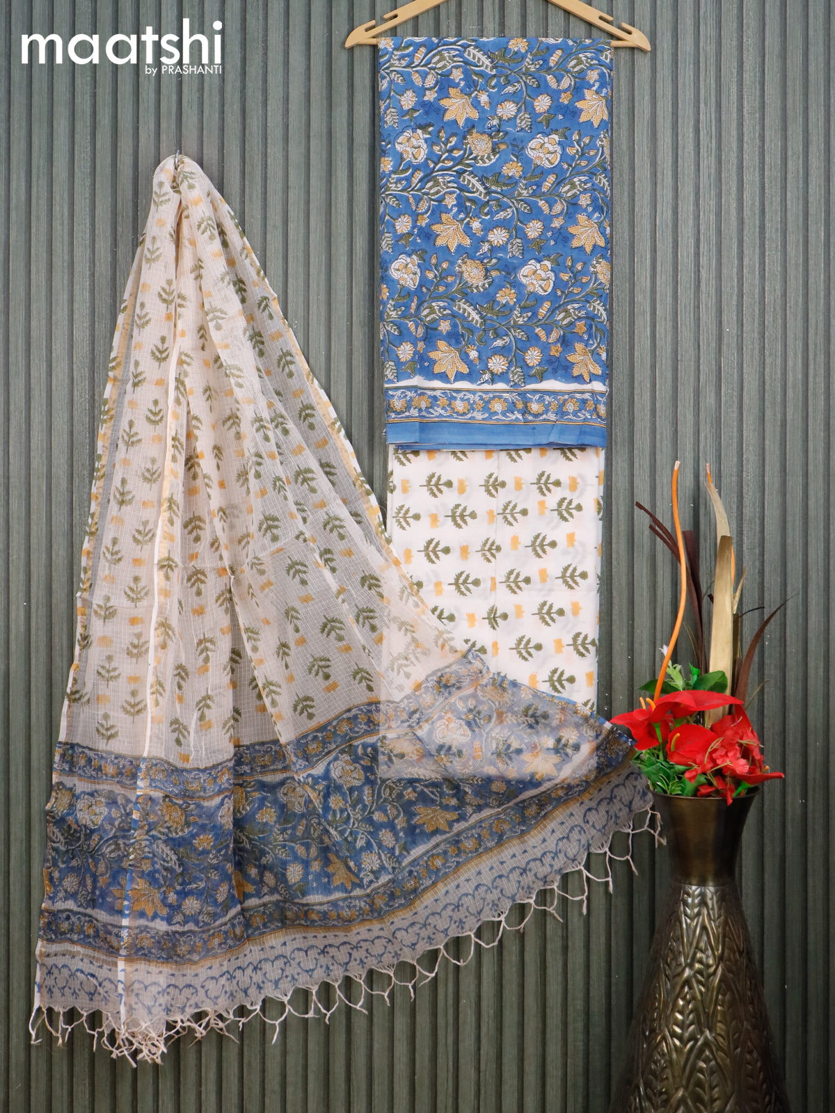 Mul Mul cotton dress material blue and off white with allover floral prints and bottom & kota printed dupatta