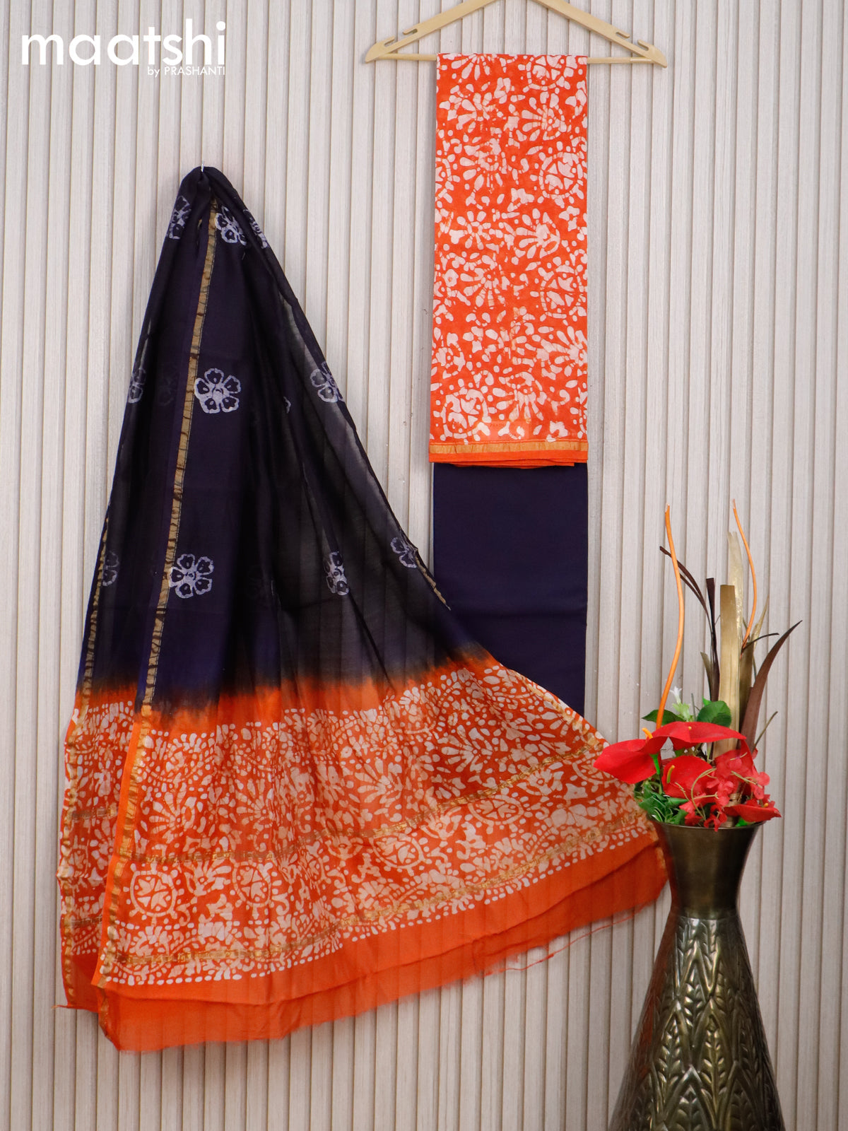 Pure chanderi dress material orange and navy blue with allover batik prints & small zari border and cotton bottom & chanderi dupatta
