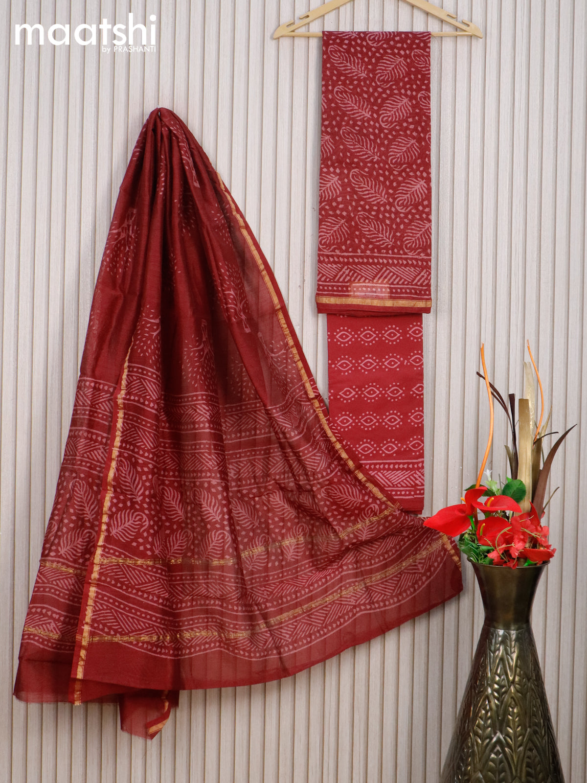 Pure chanderi dress material maroon and pink with allover prints & small zari border and cotton bottom & chanderi dupatta