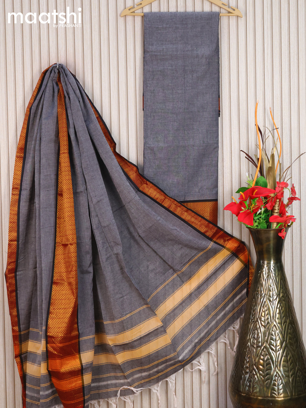 Narayanpet cotton dress material grey and black with zari woven border without bottom