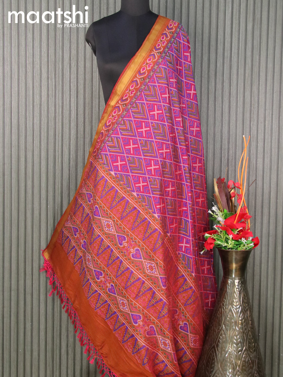 Semi tussar dupatta magenta pink blue and rust shade with allover ikat prints and zari woven border