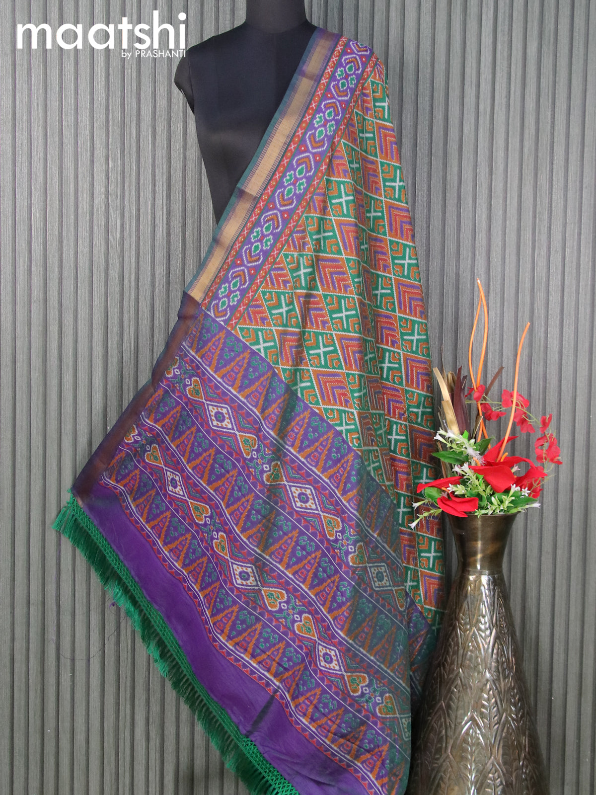 Semi tussar dupatta green and blue with allover ikat prints and zari woven border