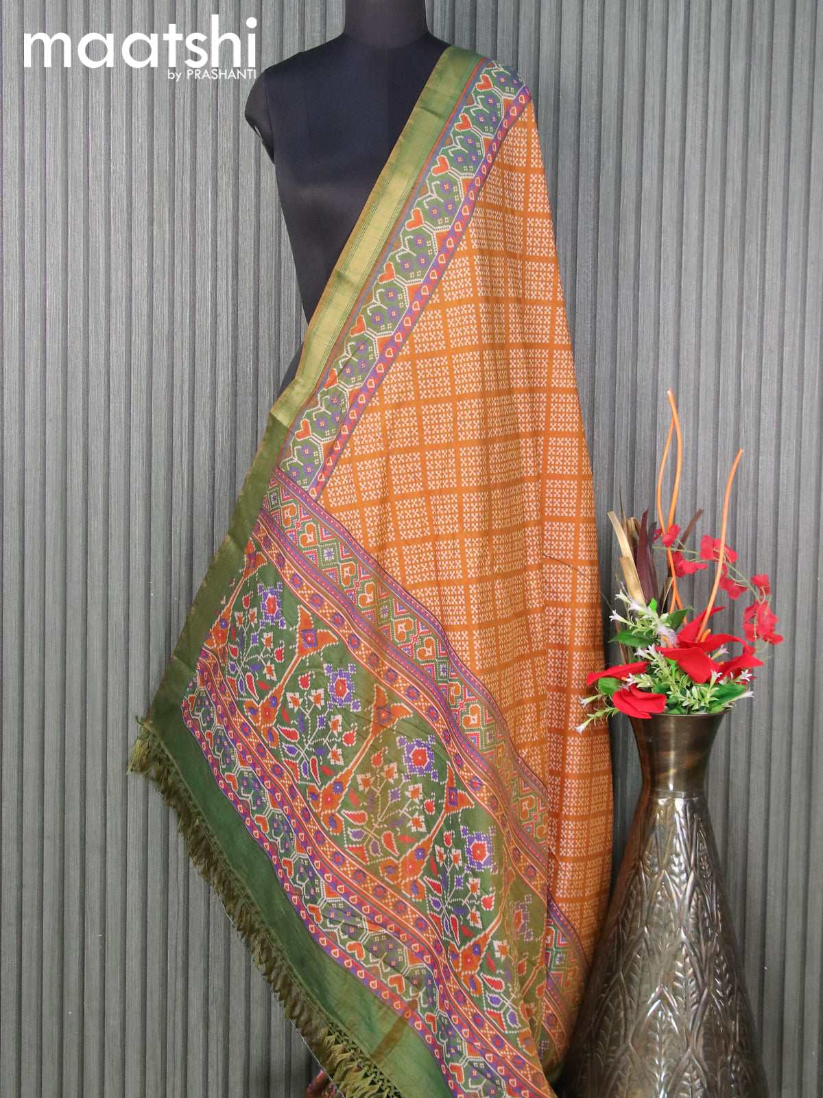 Semi tussar dupatta mustard yellow and green with allover prints and zari woven border