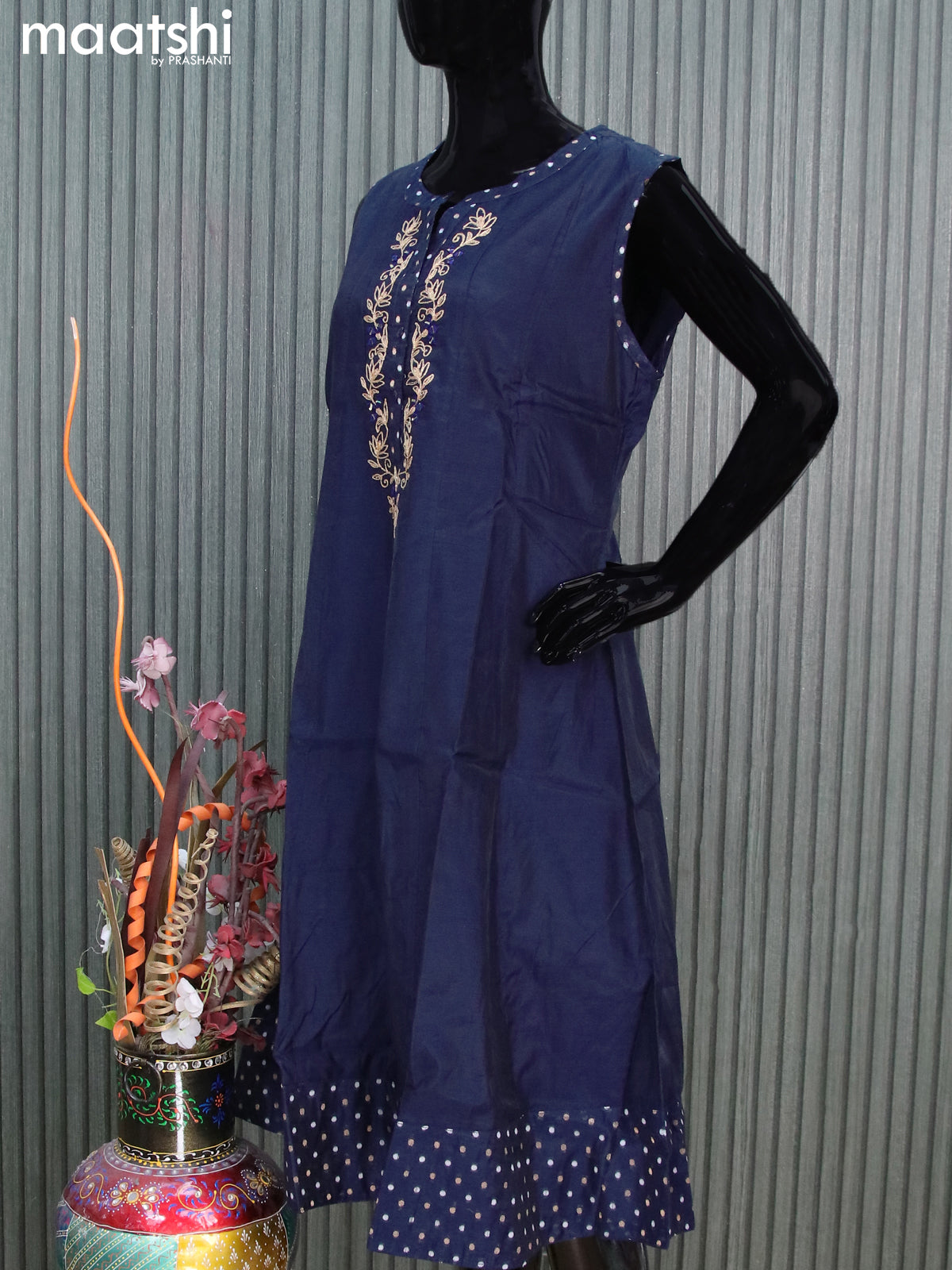 Chanderi readymade kurti blue with embroidery work neck pattern sleeve attached without pant