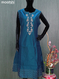 Chanderi readymade kurti peacock blue with embroidery work neck pattern sleeve attached without pant