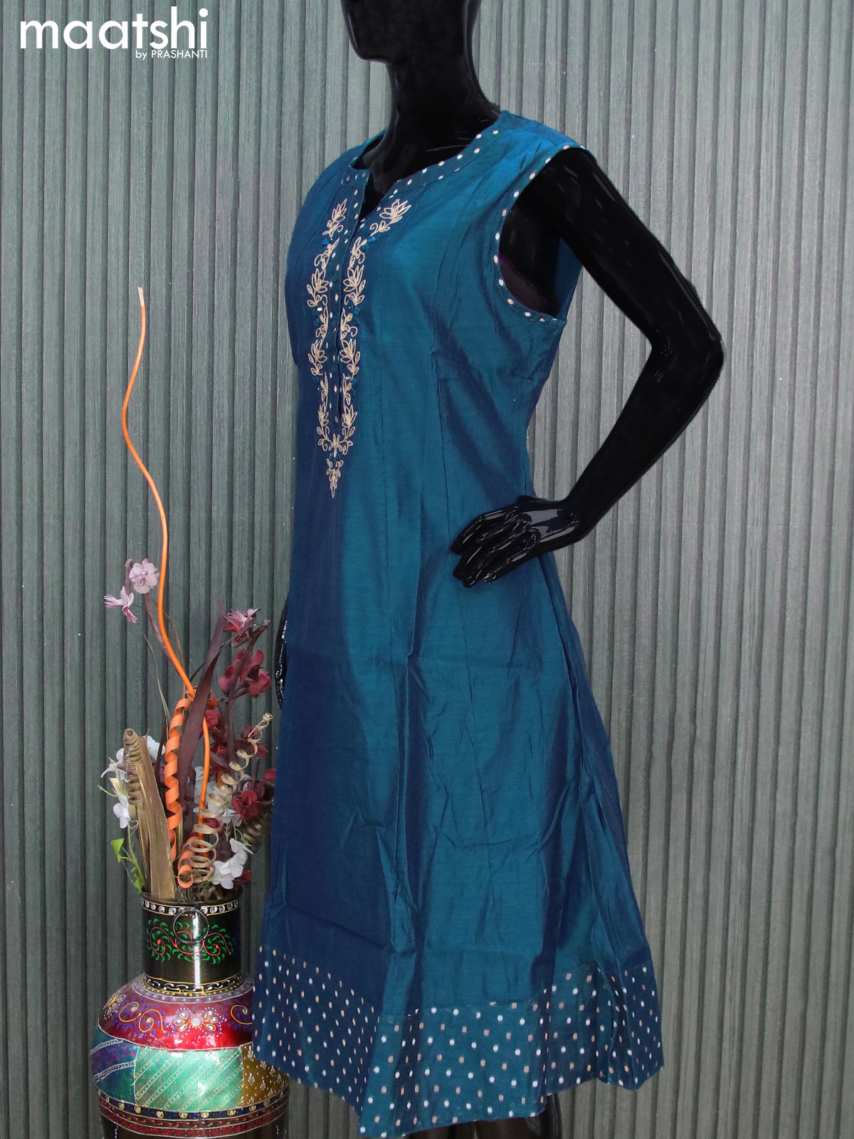 Chanderi readymade kurti peacock blue with embroidery work neck pattern sleeve attached without pant