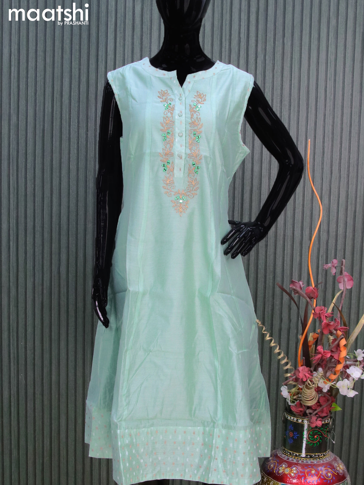 Chanderi readymade kurti pastel green shade with embroidery work neck pattern sleeve attached without pant