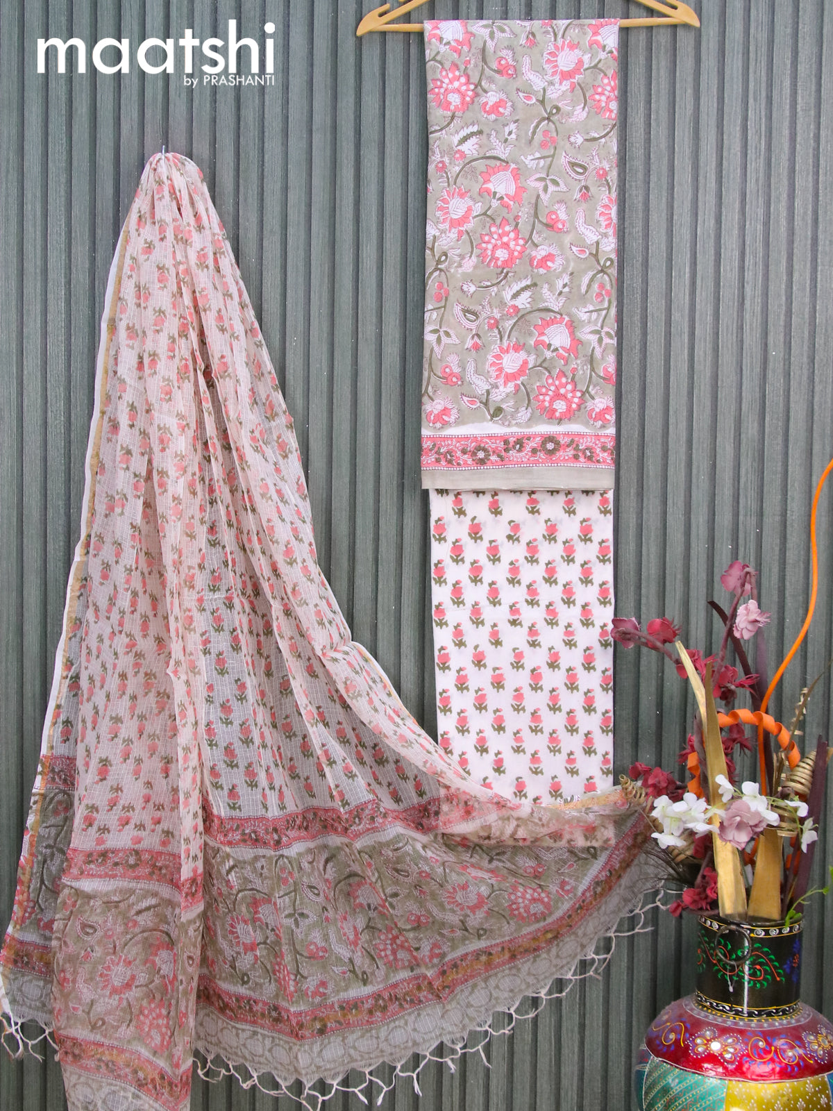 Mul Mul cotton dress material beige  and off white with allover floral prints and bottom & kota printed dupatta