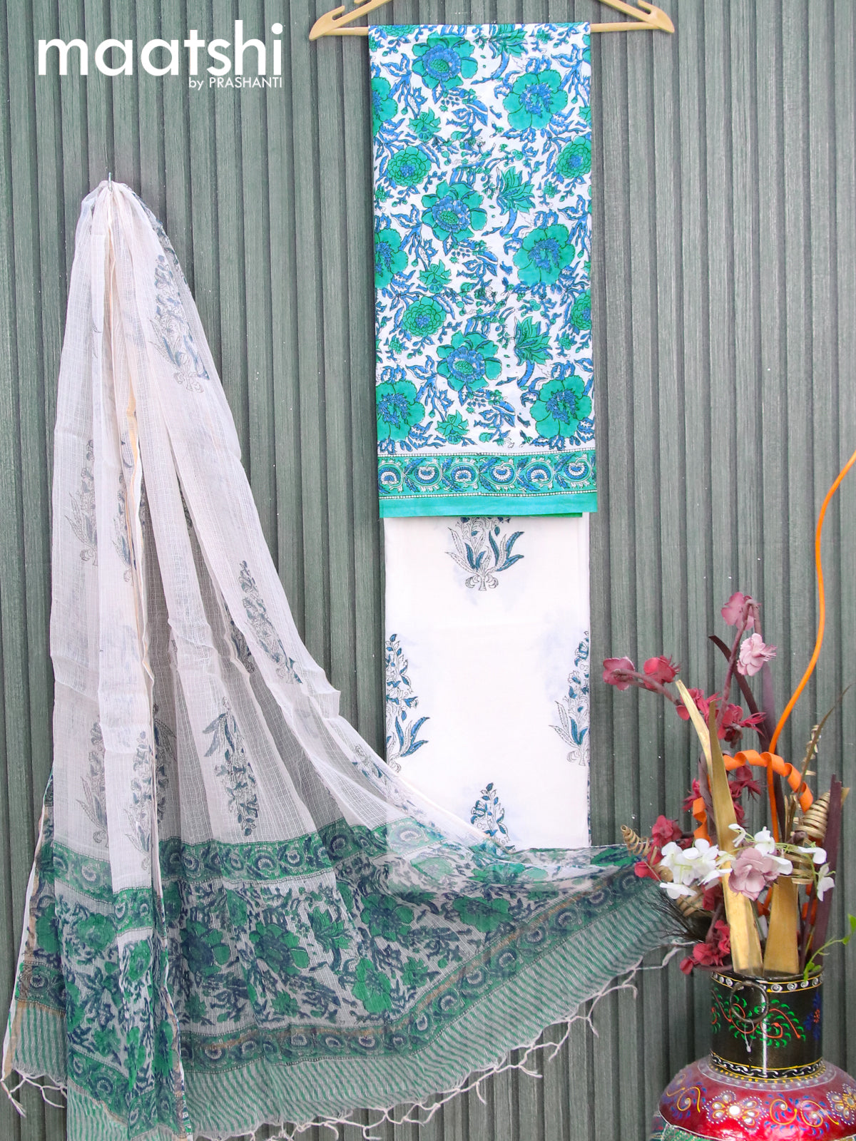 Mul Mul cotton dress material off white and teal blue with allover floral prints and bottom & kota printed dupatta