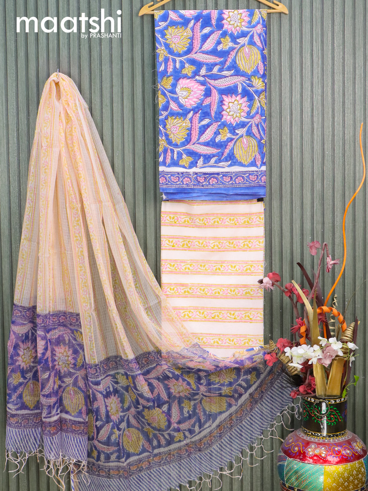 Mul Mul cotton dress material blue and off white with allover floral prints and bottom & kota printed dupatta