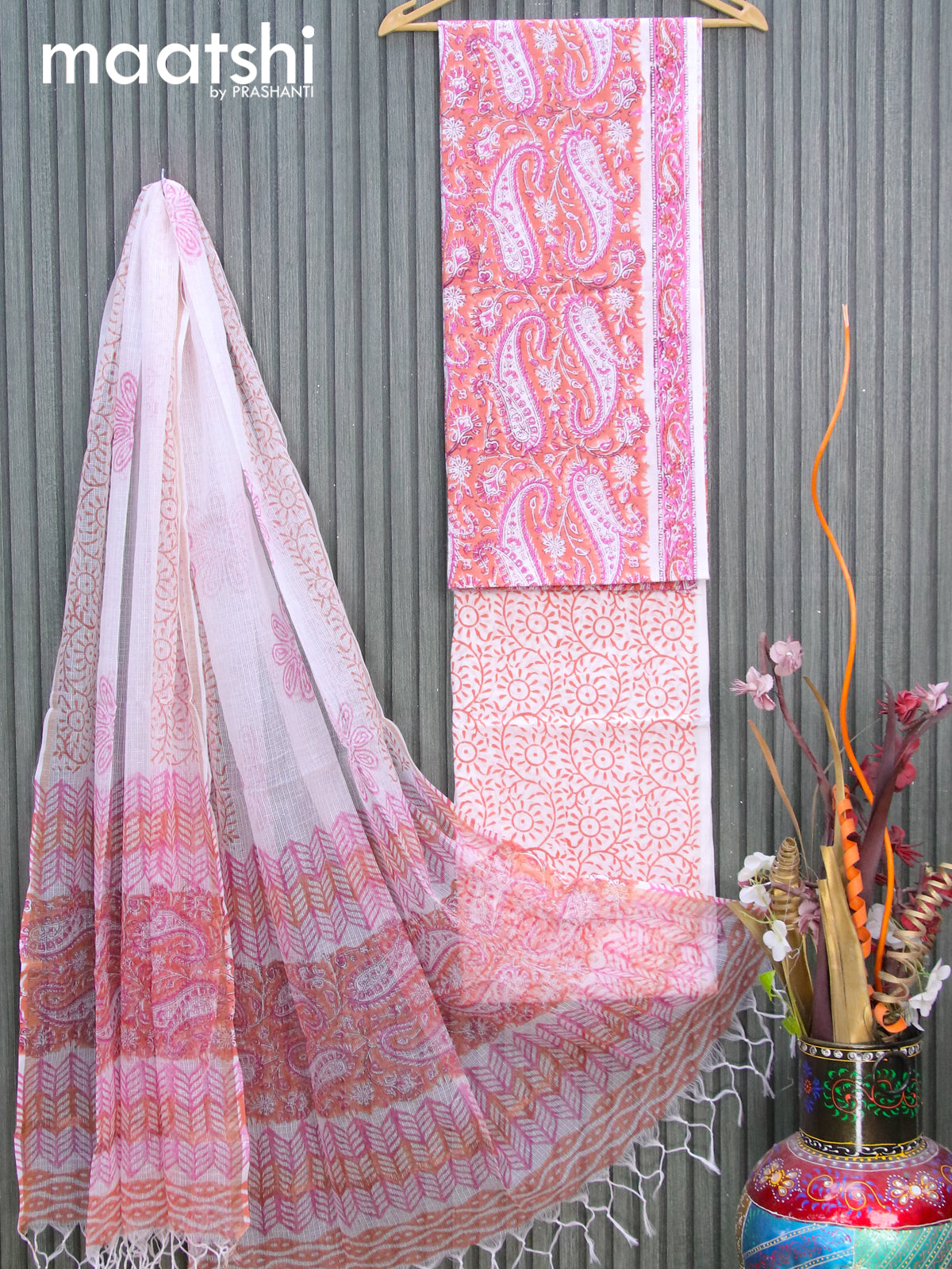 Mul Mul cotton dress material orange shade and off white with allover paisley prints and bottom & kota printed dupatta