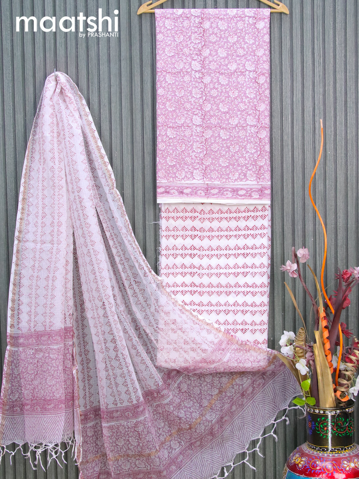 Mul Mul cotton dress material mauve pink and off white with allover floral prints and bottom & kota printed dupatta