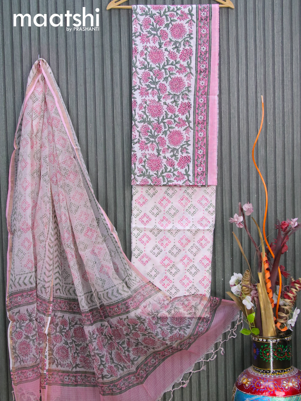 Mul Mul cotton dress material off white and pink with allover floral prints and bottom & kota printed dupatta