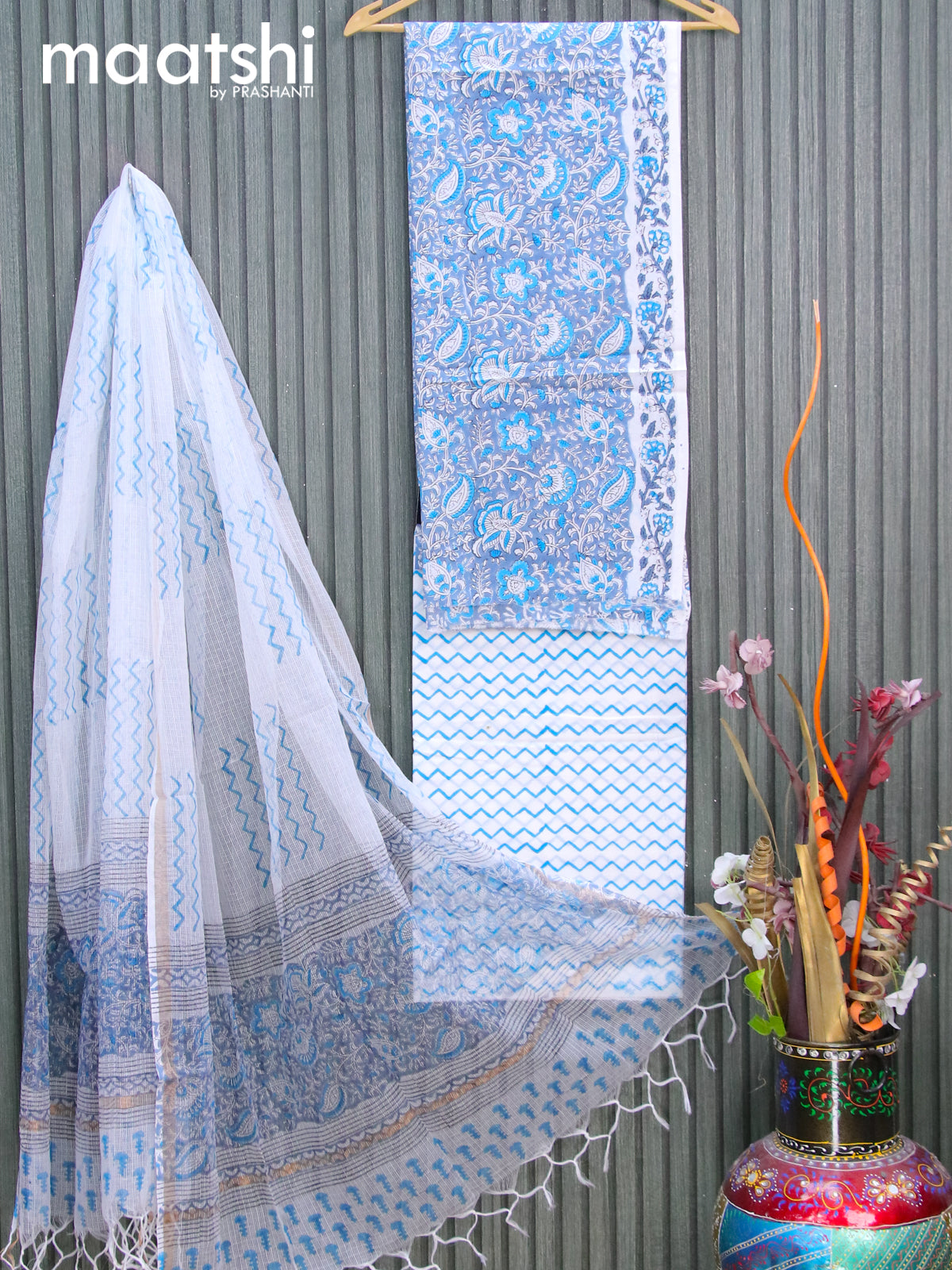 Mul Mul cotton dress material greyish blue and off white with allover floral prints and bottom & kota printed dupatta