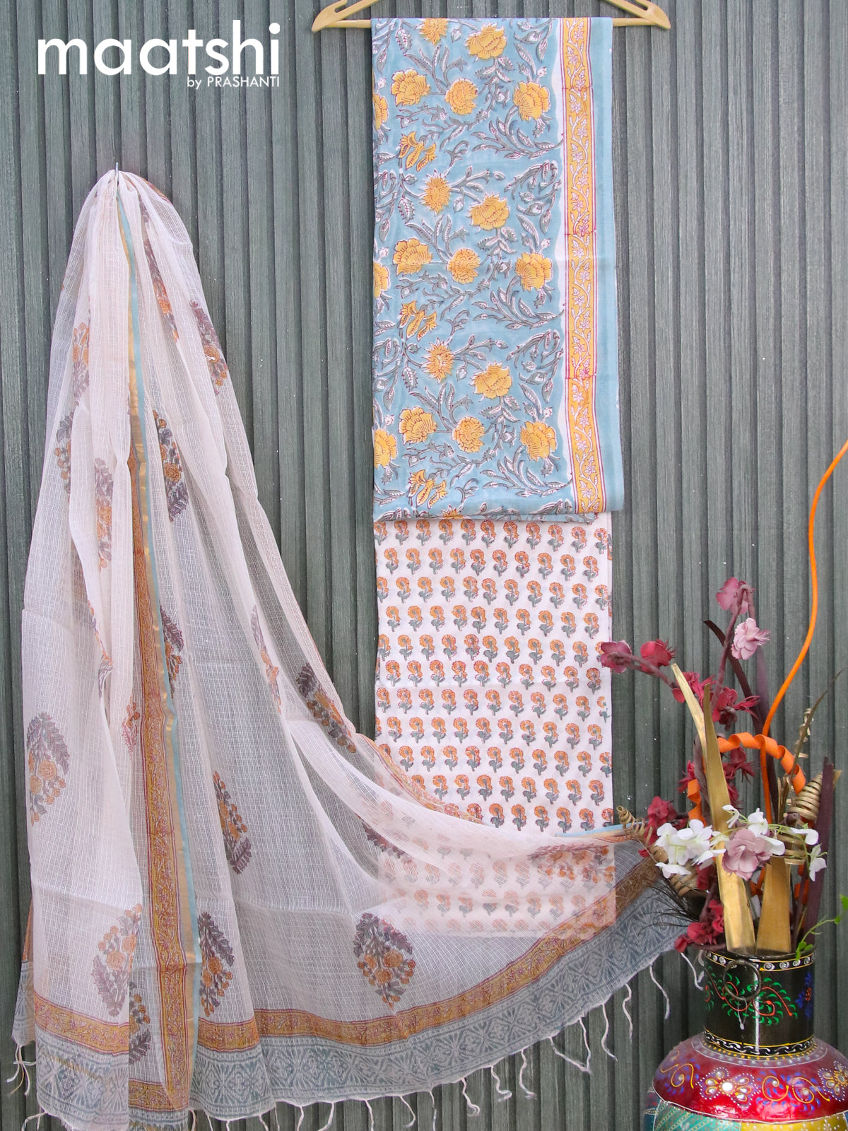 Mul Mul cotton dress material pastel blue shade and off white with allover floral prints and bottom & kota printed dupatta