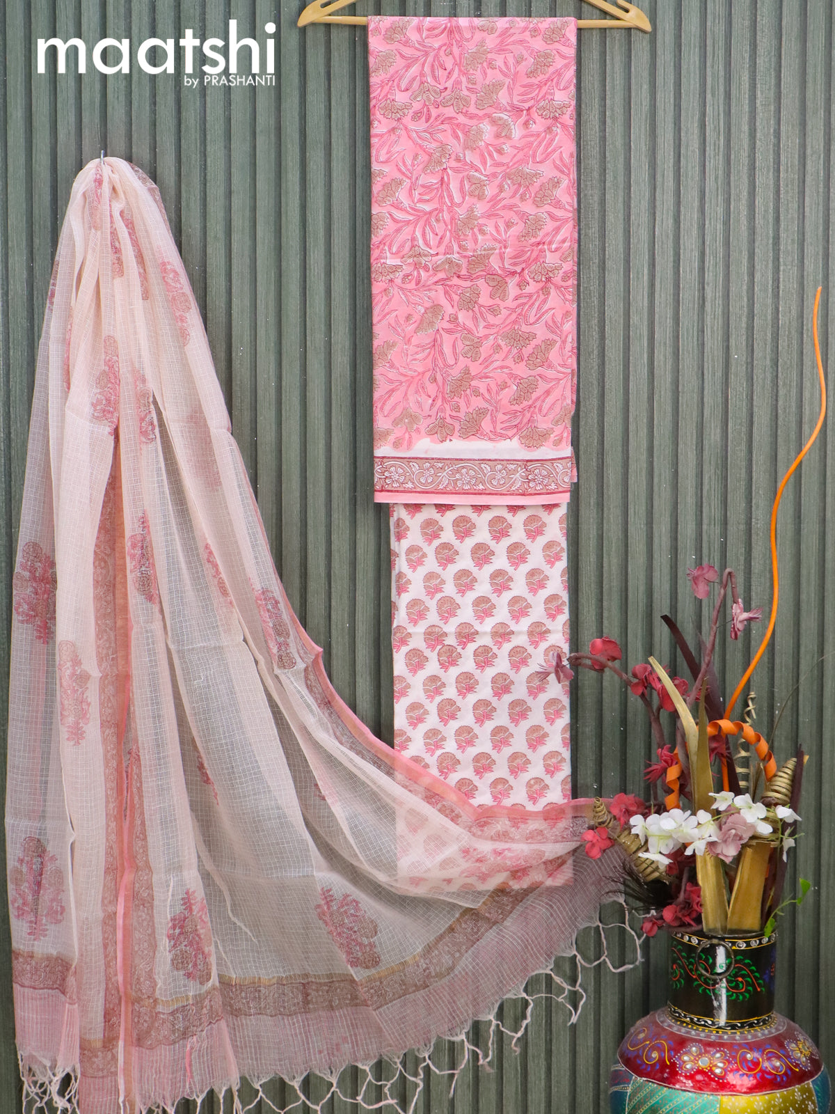 Mul Mul cotton dress material peach pink and off white with allover floral prints and bottom & kota printed dupatta