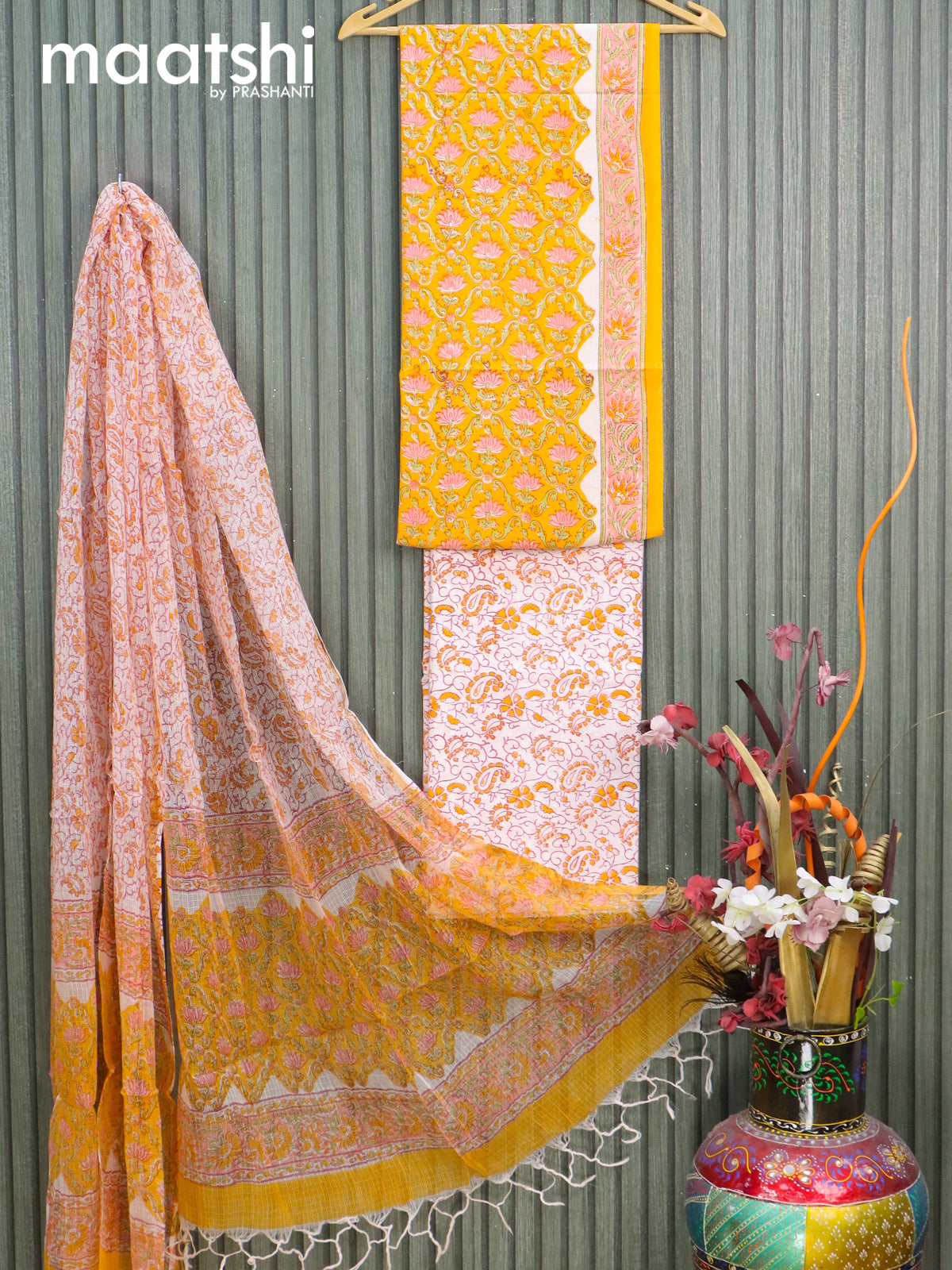 Mul Mul cotton dress material yellow and off white with allover floral prints  and bottom & kota printed dupatta