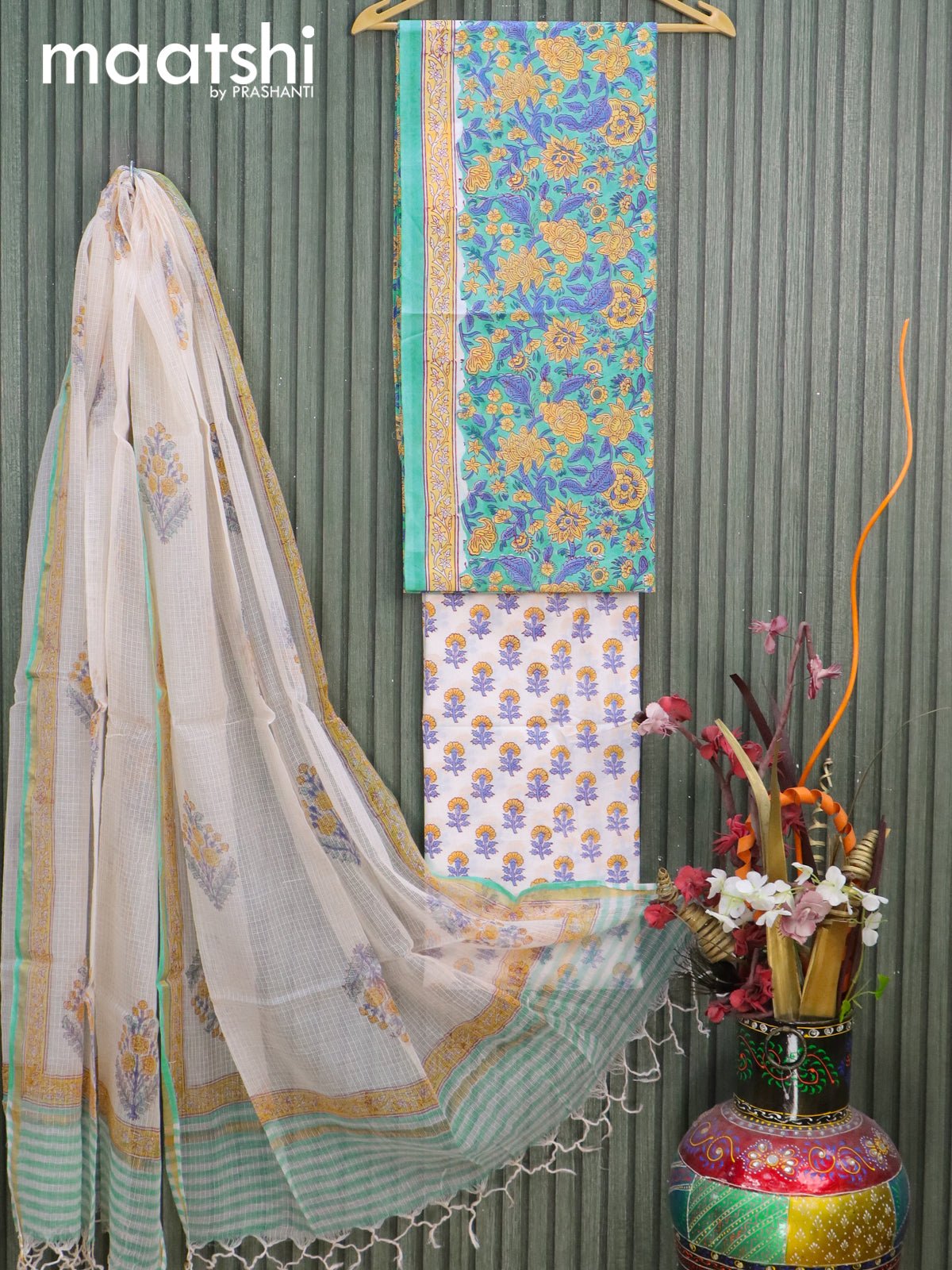 Mul Mul cotton dress material teal blue and off white with allover floral prints  and bottom & kota printed dupatta