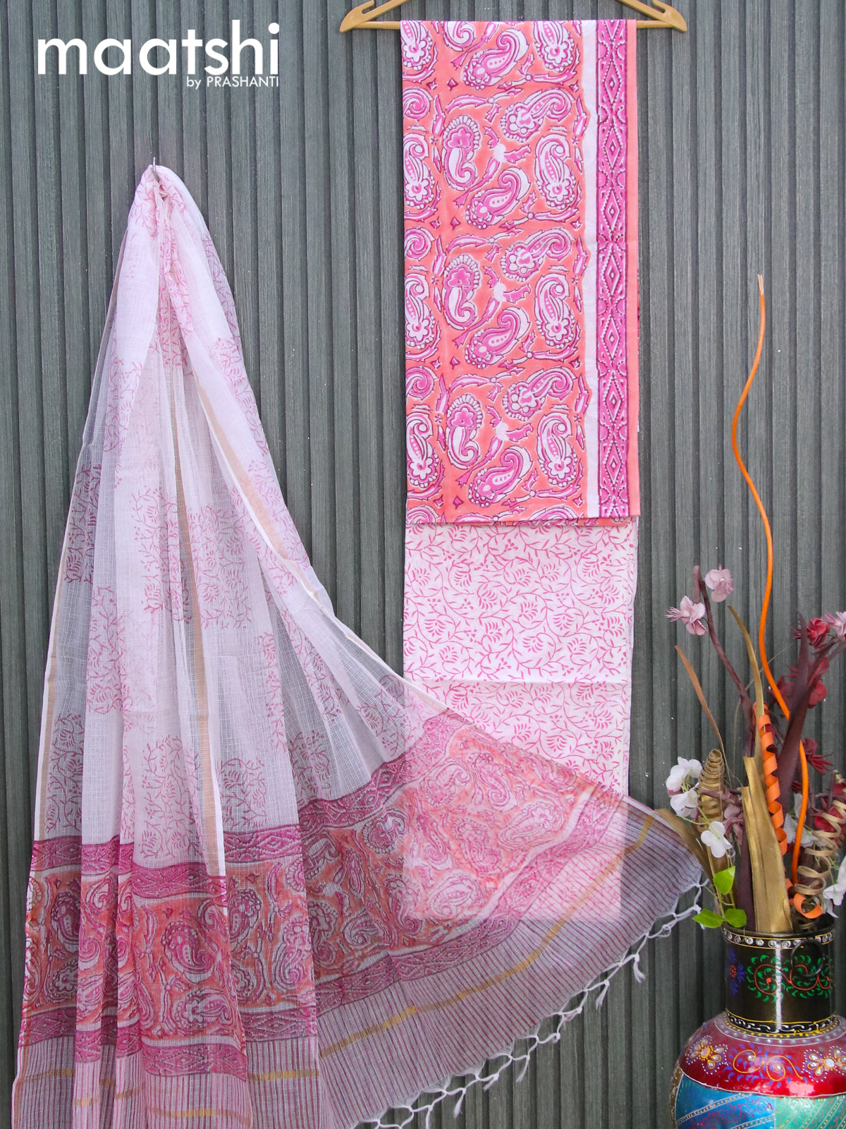 Mul Mul cotton dress material peach shade and off white with allover prints and bottom & kota printed dupatta