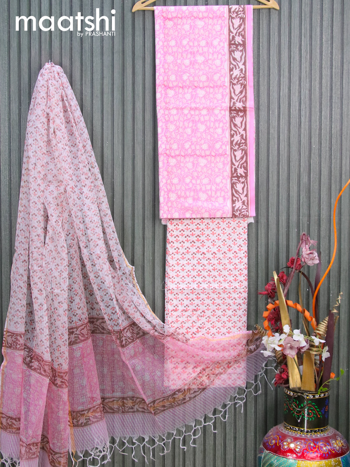 Mul Mul cotton dress material light pink and off white with allover floral prints and bottom & kota printed dupatta