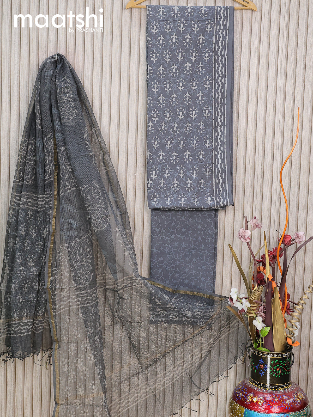 Mul Mul cotton dress material dark grey   with allover dabu prints and bottom & kota printed dupatta