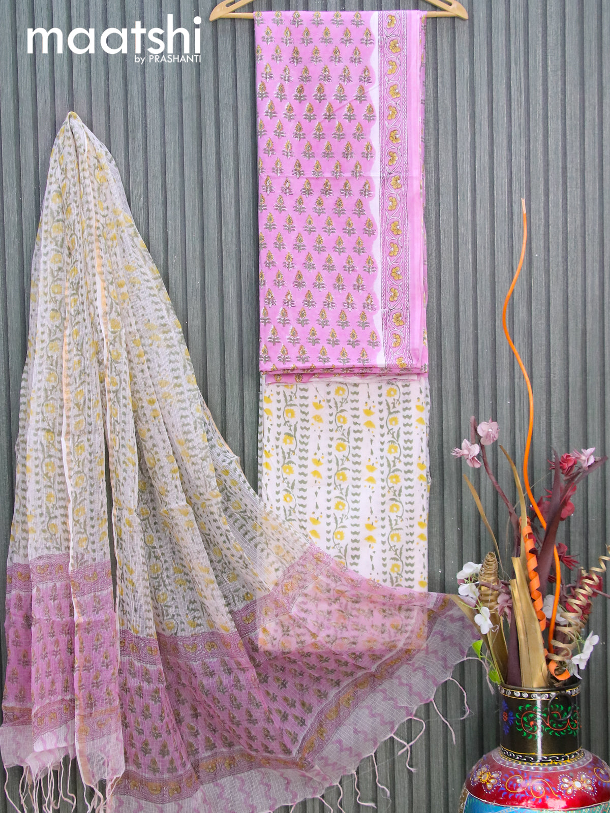 Mul Mul cotton dress material pink and off white with allover floral butta prints and bottom & kota printed dupatta