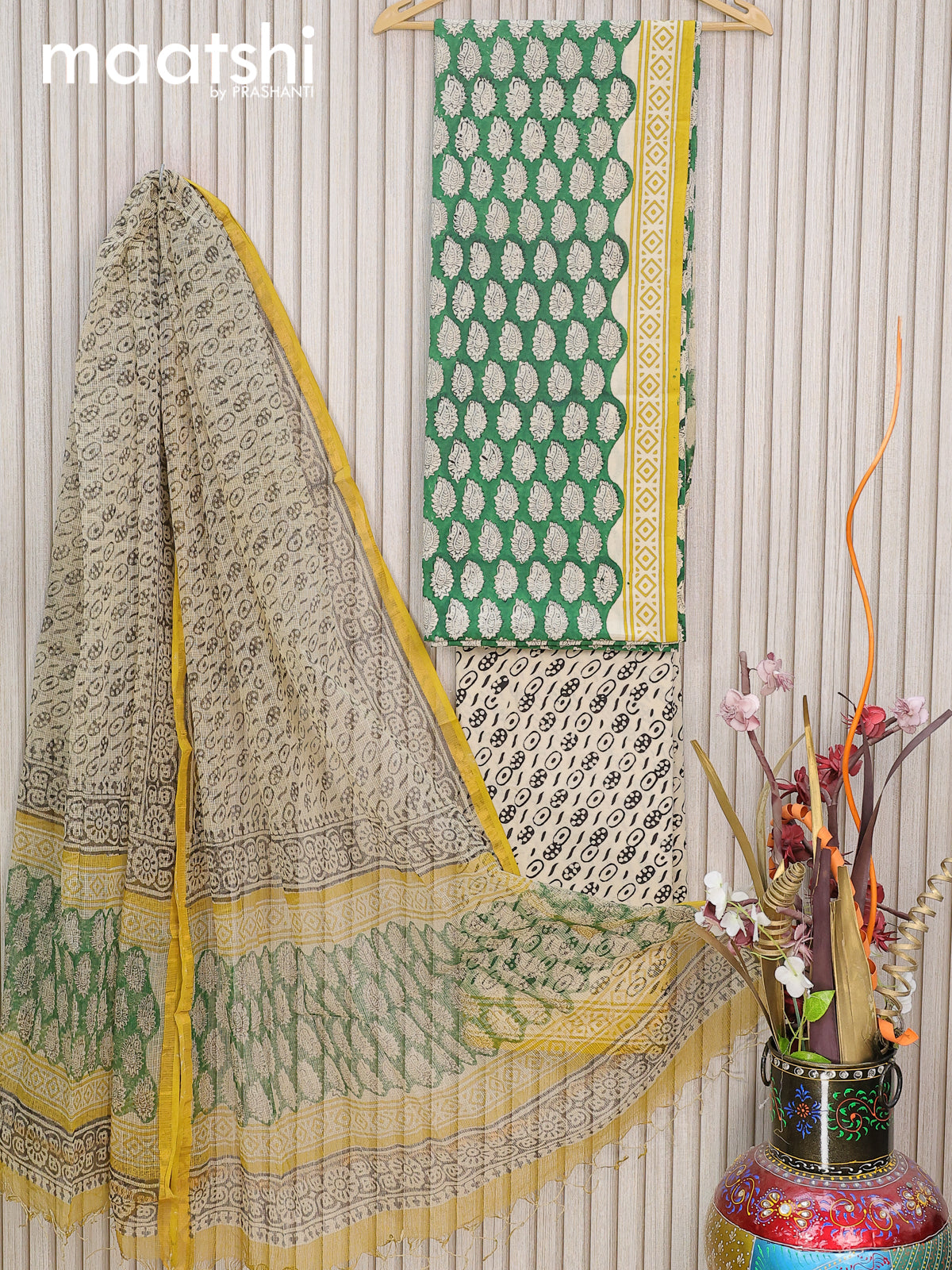 Mul Mul cotton dress material green and beige with allover paisley butta prints and bottom & kota printed dupatta