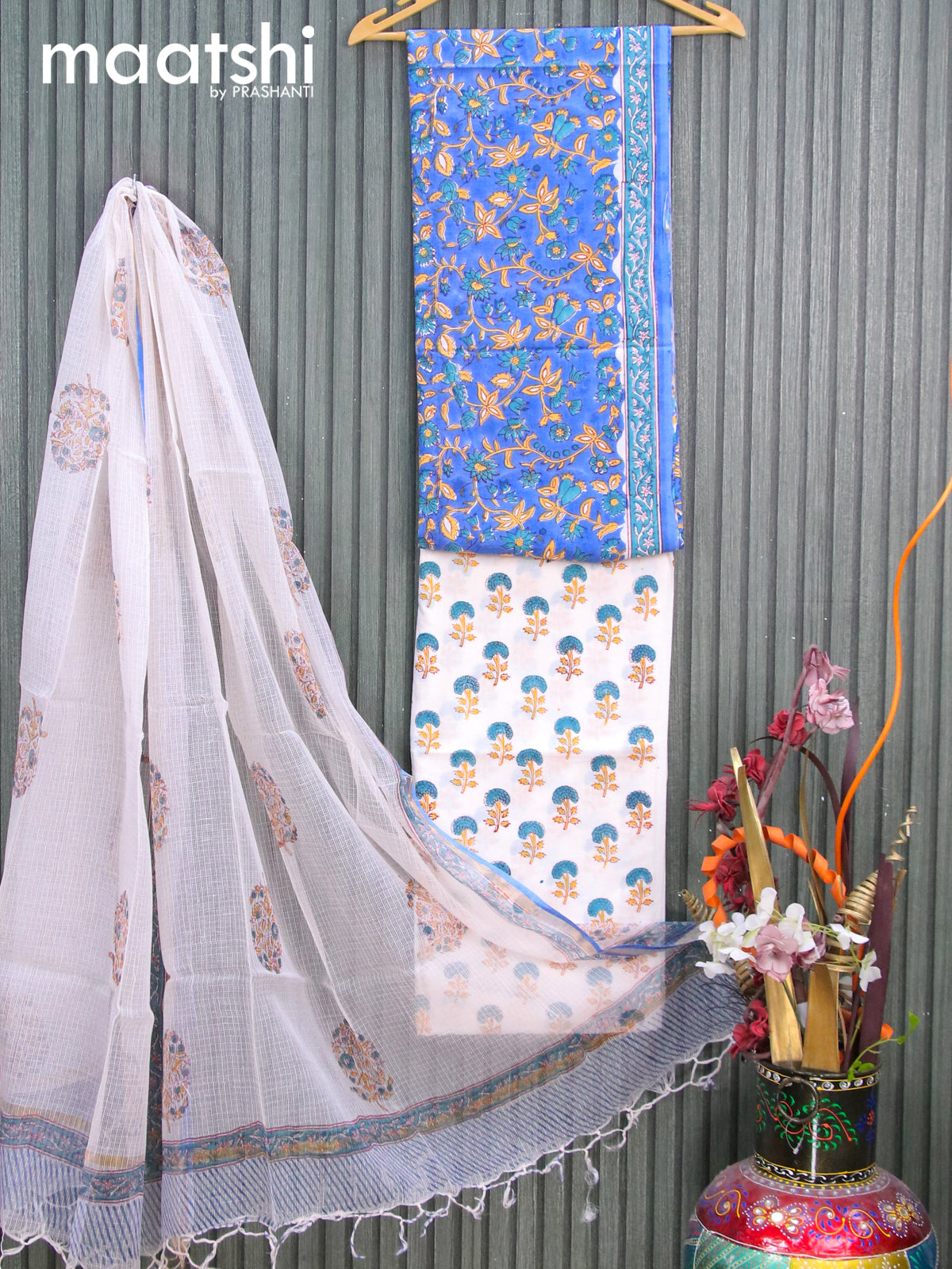 Mul Mul cotton dress material blue and off white with allover floral prints and bottom & kota printed dupatta