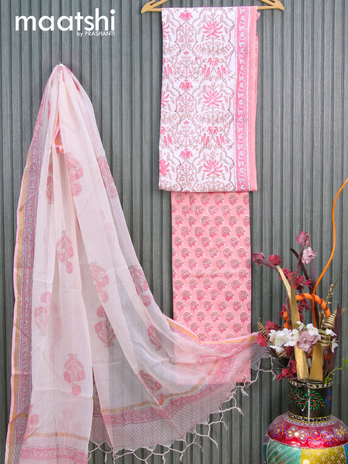 Mul Mul cotton dress material off white and peach pink with allover prints and bottom & kota printed dupatta