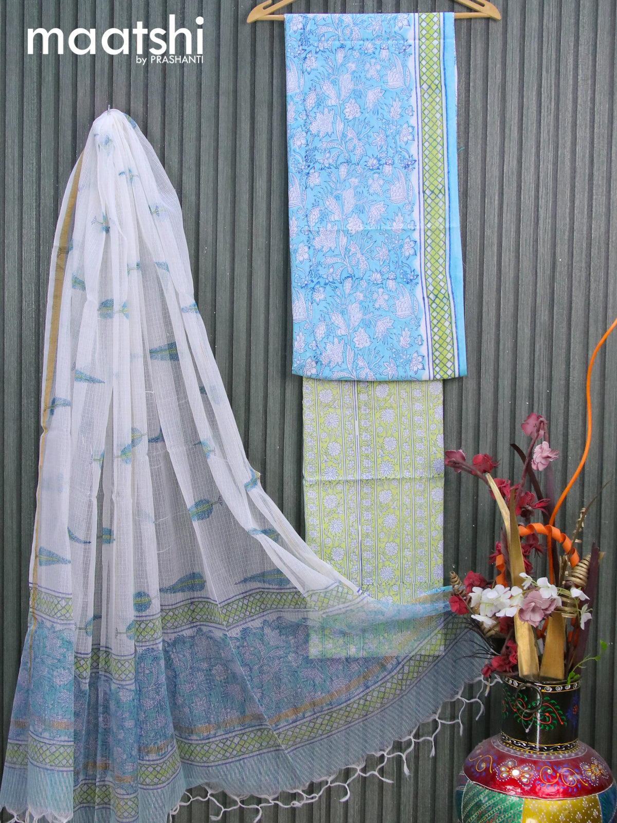 Mul Mul cotton dress material light blue and lime green with allover floral prints and bottom & kota printed dupatta