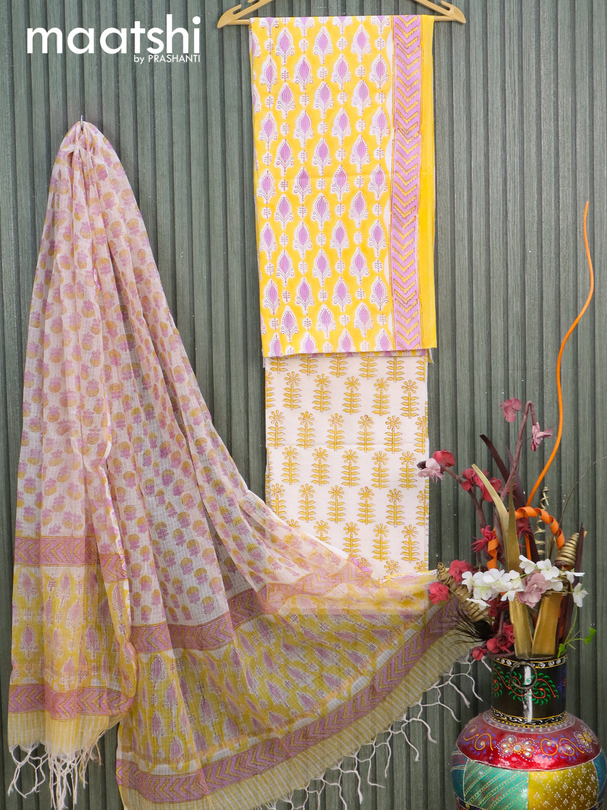 Mul Mul cotton dress material yellow and off white with allover prints and bottom & kota printed dupatta