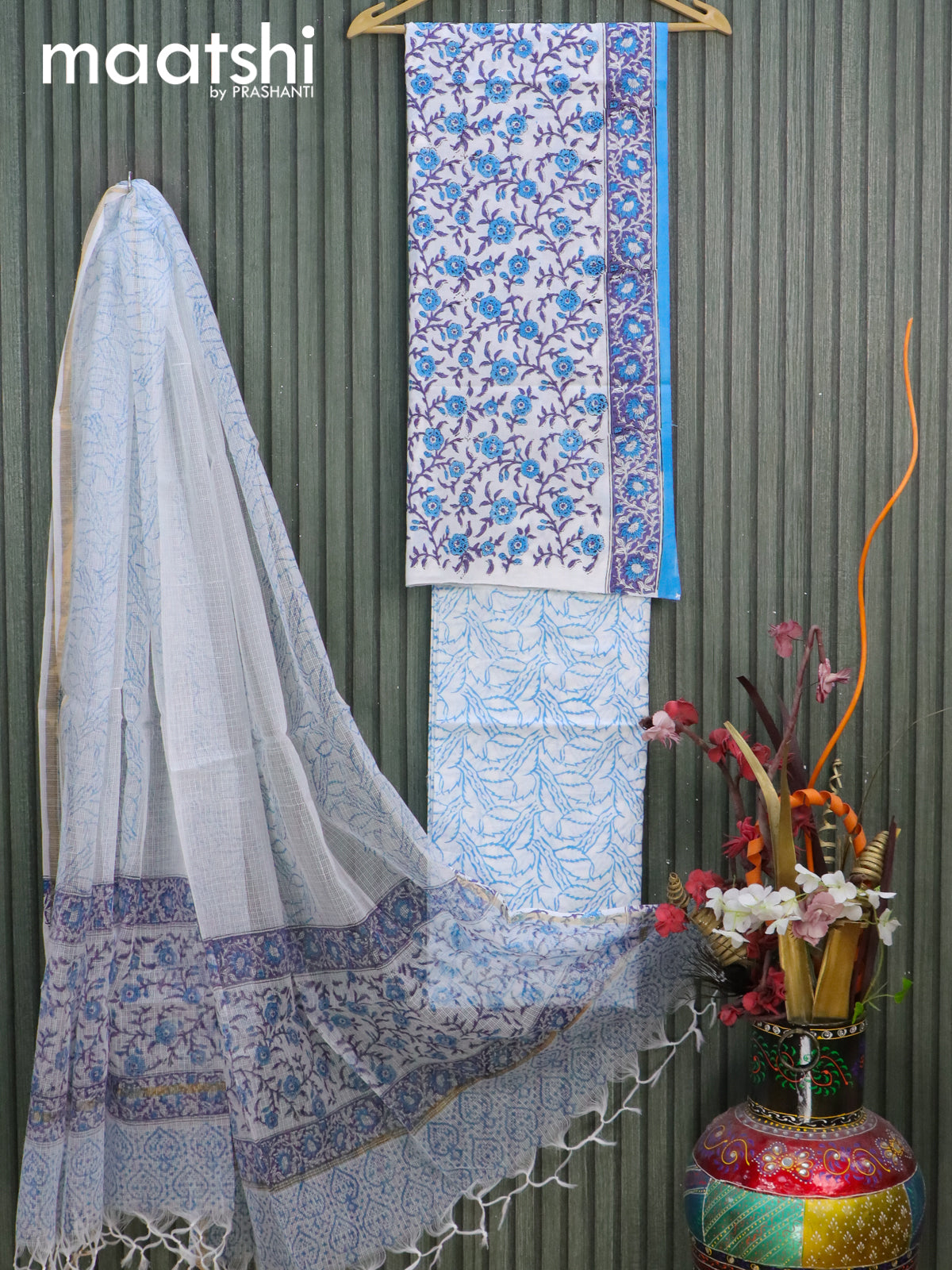 Mul Mul cotton dress material off white and blue with allover floral prints and bottom & kota printed dupatta