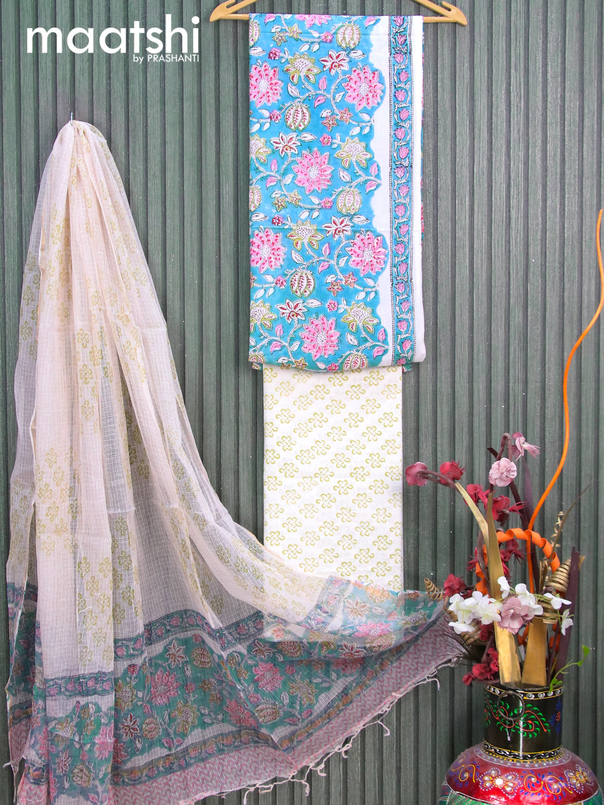 Mul Mul cotton dress material blue and off white with allover prints and bottom & kota printed dupatta