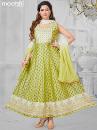 Chanderi readymade party anarkali salwar suit pista green and off white with allover butta prints & embroidery sequin work neck pattern and straight cut pant & sequin work dupatta